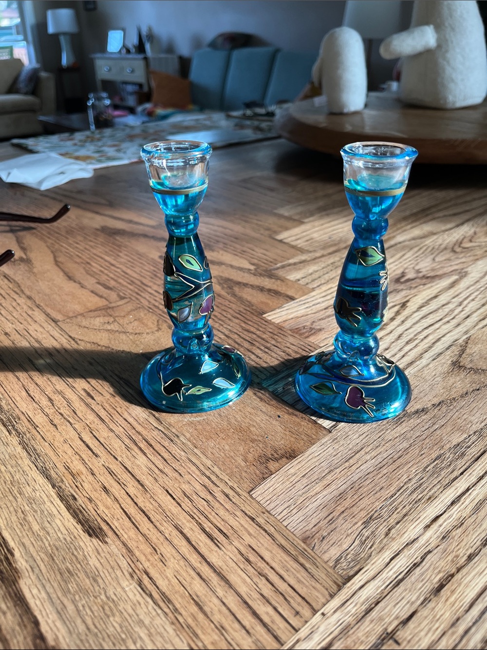 Hand-Painted Turquoise Glass Candlestick Pair - Home Accents